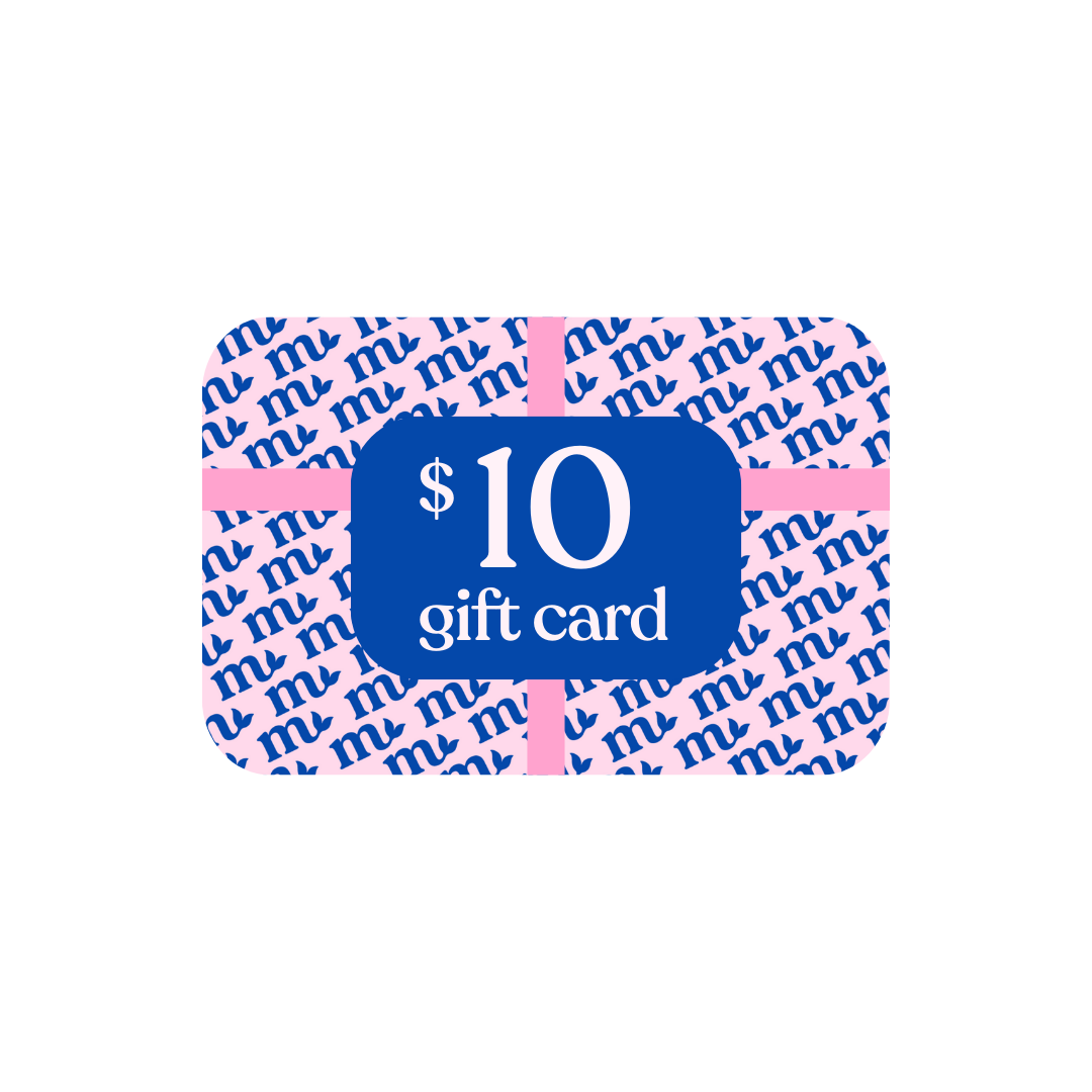 $10 gift card with pink and blue design on a white background