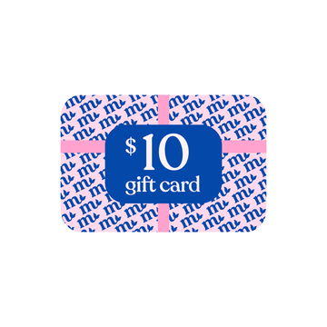$10 gift card with pink and blue design on a white background