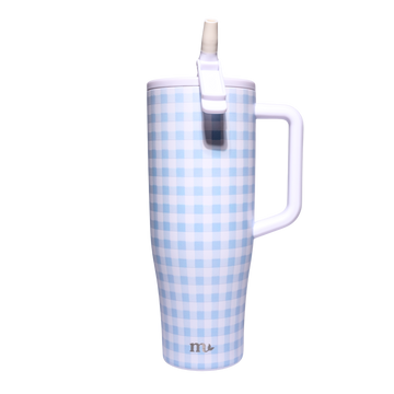 A tall handled tumbler with a light blue and white gingham check pattern, featuring a white lid with a flip-up straw and a small silver logo near the bottom.