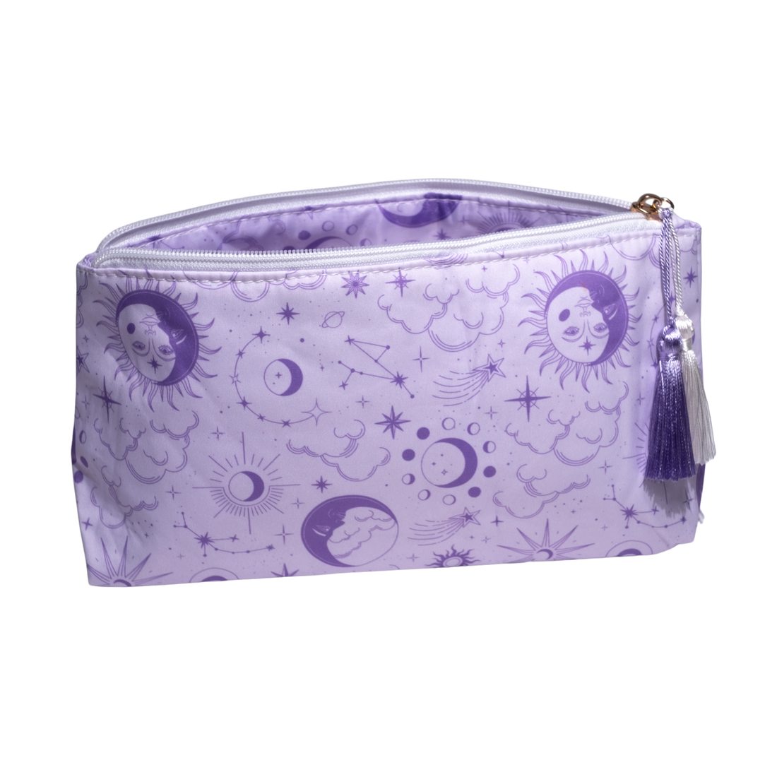 A lavender zippered pouch featuring a celestial print of purple suns, crescent moons, stars, and clouds, complete with a silver zipper and a white tassel charm.