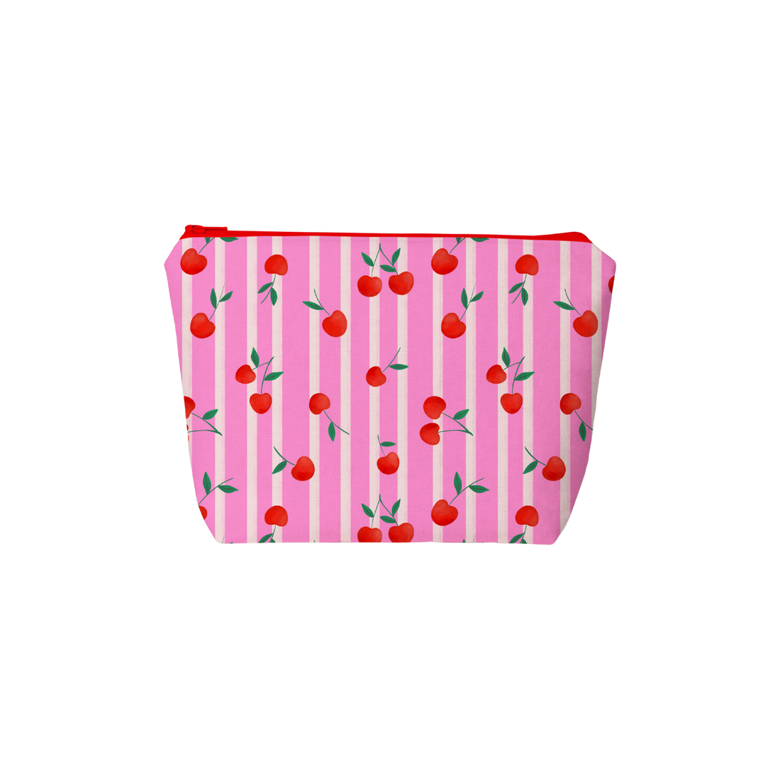Pink pouch with cherry pattern on a white background