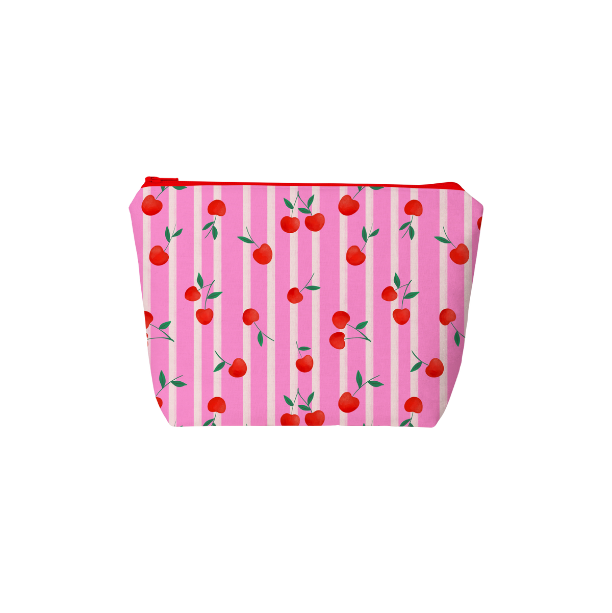 Pink pouch with cherry pattern on a white background