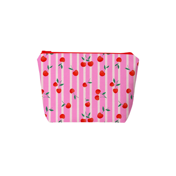 Pink pouch with cherry pattern on a white background