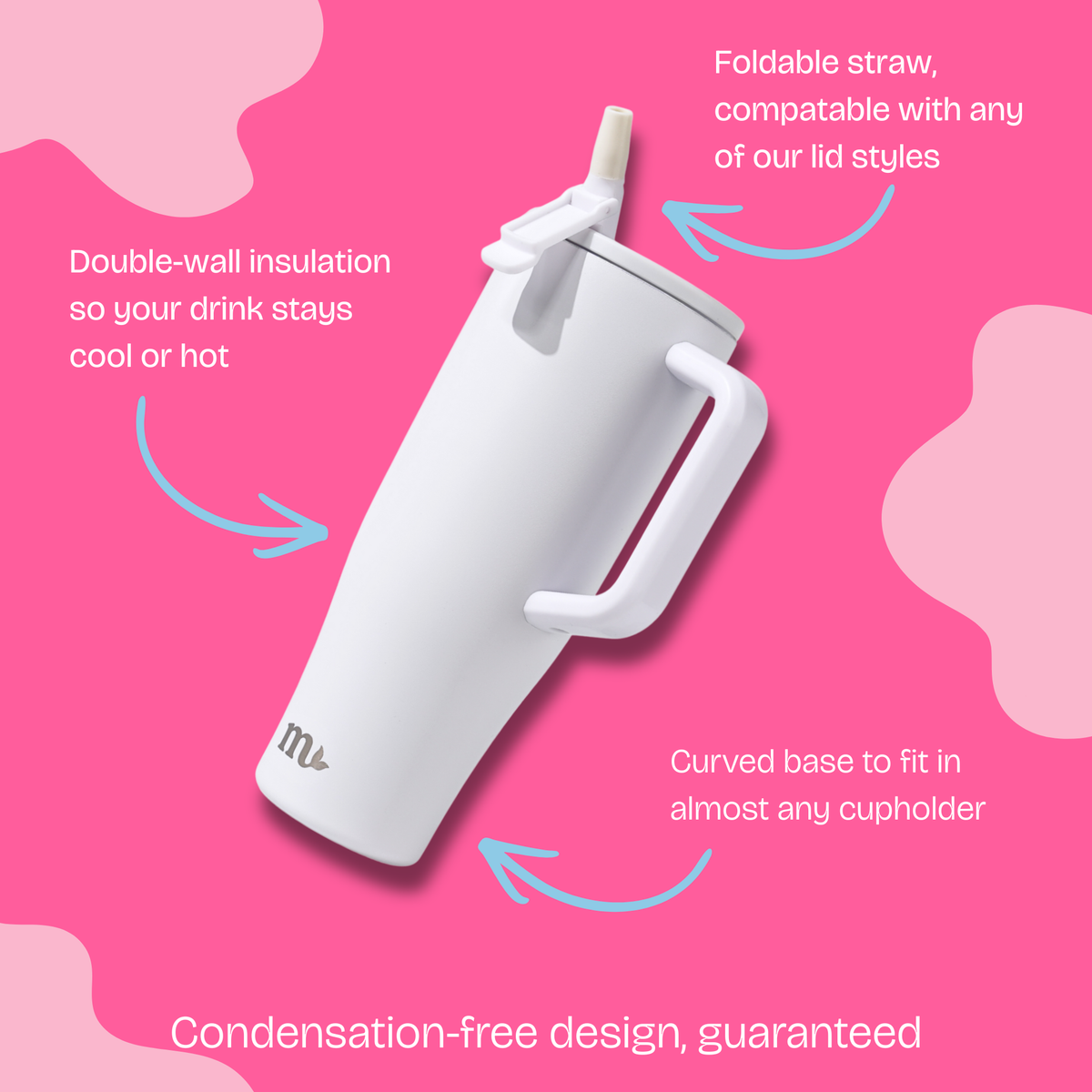 White insulated tumbler with features highlighted on a pink background
