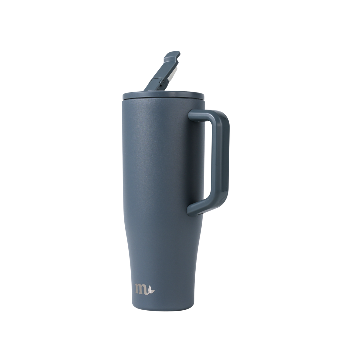 Blue insulated mug with handle on a white background