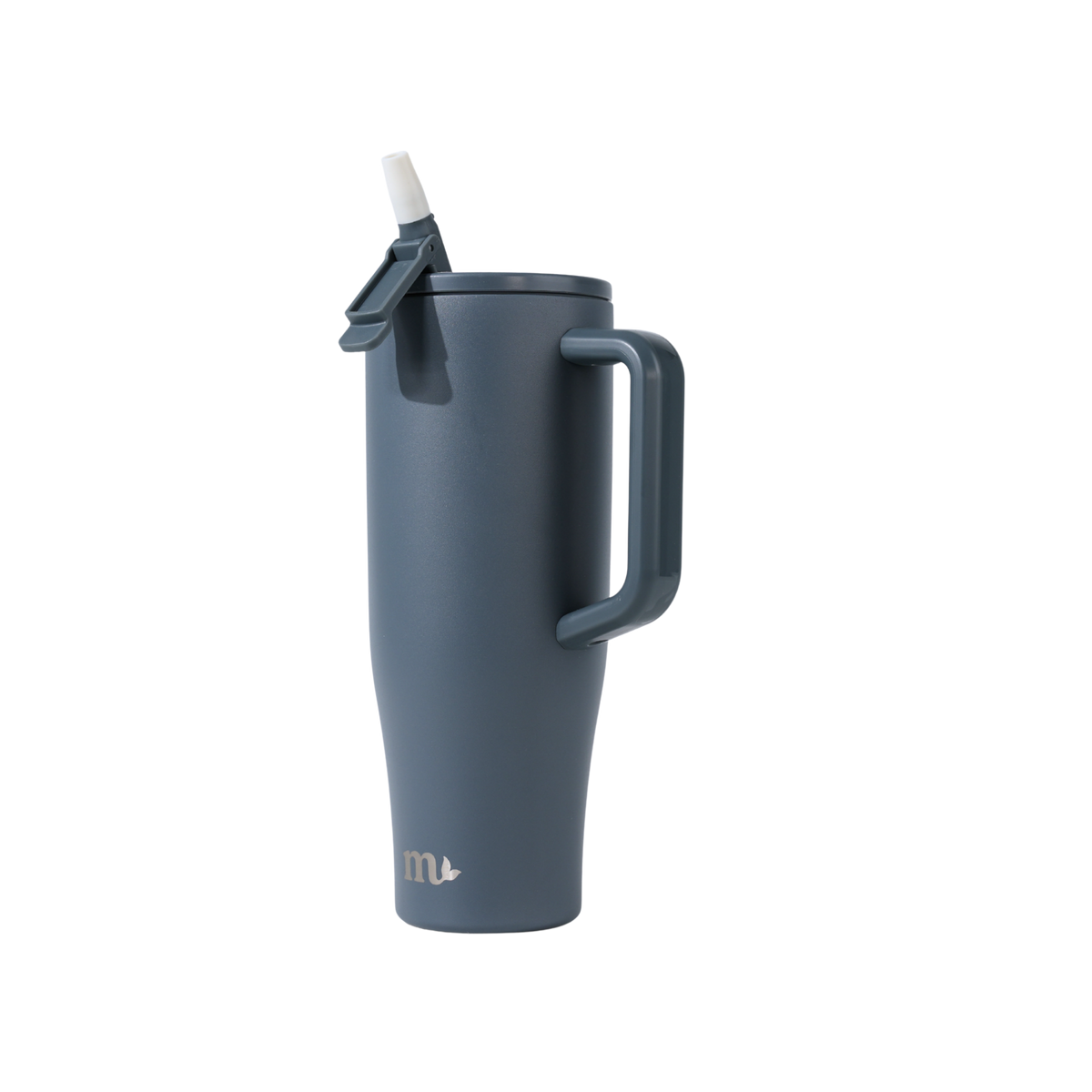 Blue insulated mug with handle and straw lid on a white background