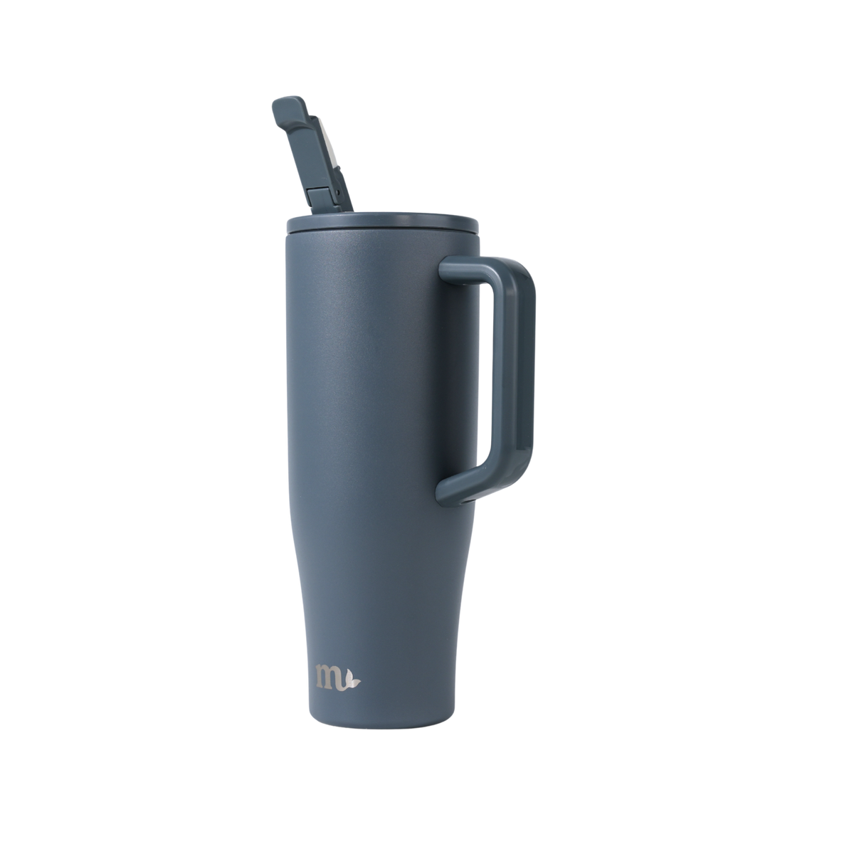 Blue insulated mug with handle and straw on a white background