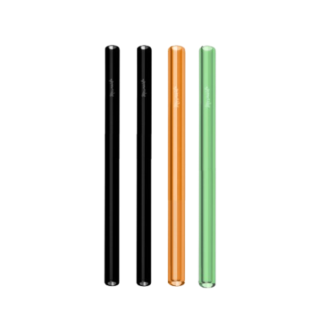 Four cylindrical pens in black, orange, and green on a white background