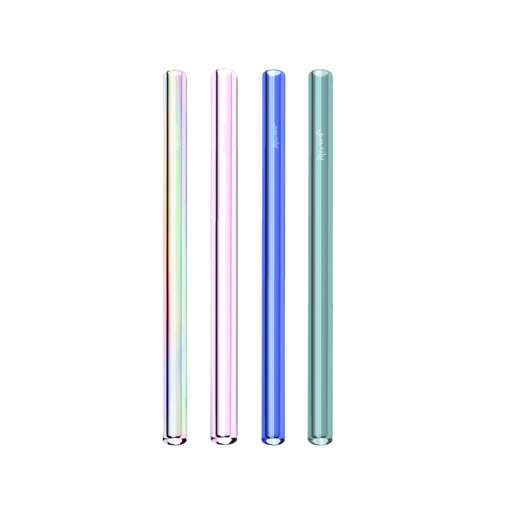 Four colorful glass straws on a white background