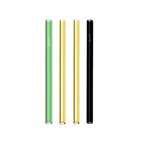 Four colorful straws in green, gold, yellow, and black on a white background