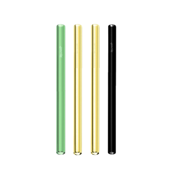 Four colorful straws in green, gold, yellow, and black on a white background