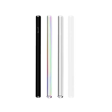 Four cylindrical objects in black, rainbow, silver, and white on a white background