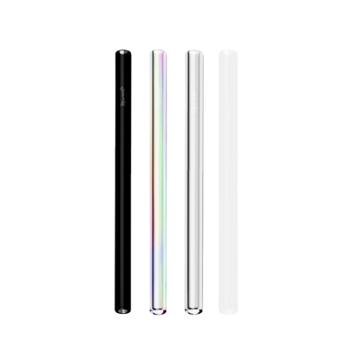 Four cylindrical objects in black, rainbow, silver, and white on a white background