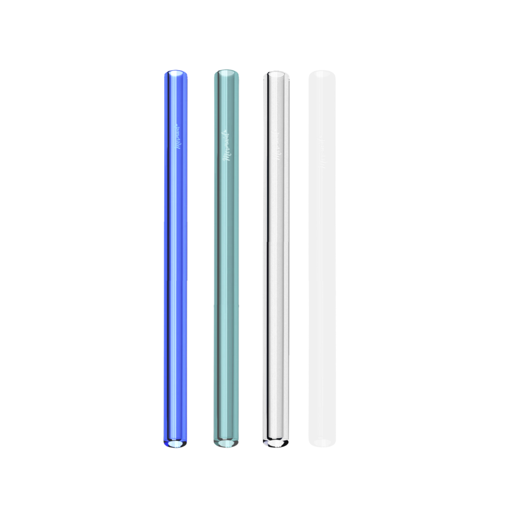 Four colorful straws in blue, green, silver, and white on a white background