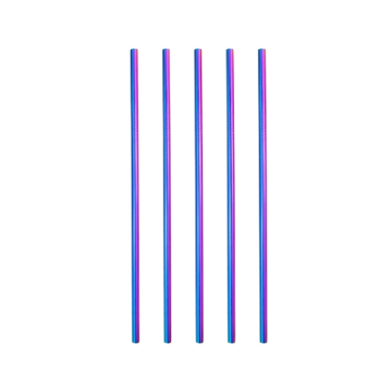 Five metallic straws with a rainbow gradient on a white background