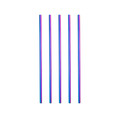 Five metallic straws with a rainbow gradient on a white background