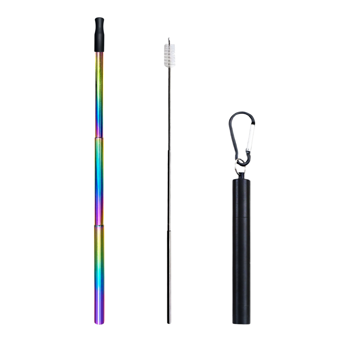 Multicolored telescopic pole with black brush and black holder on a white background