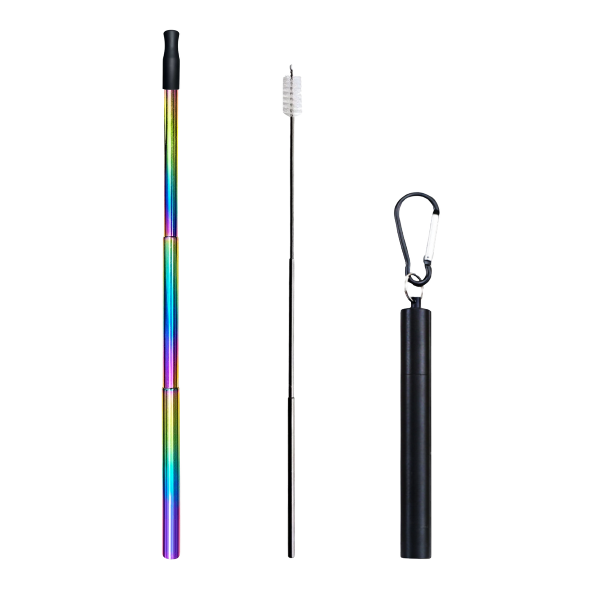 Multicolored telescopic pole with black brush and black holder on a white background