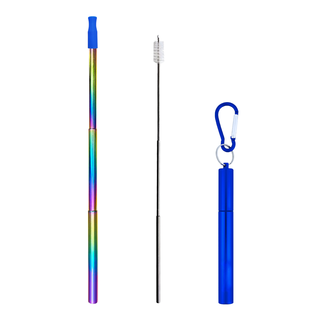 Multicolored telescopic pole with a black brush and blue holder on a white background