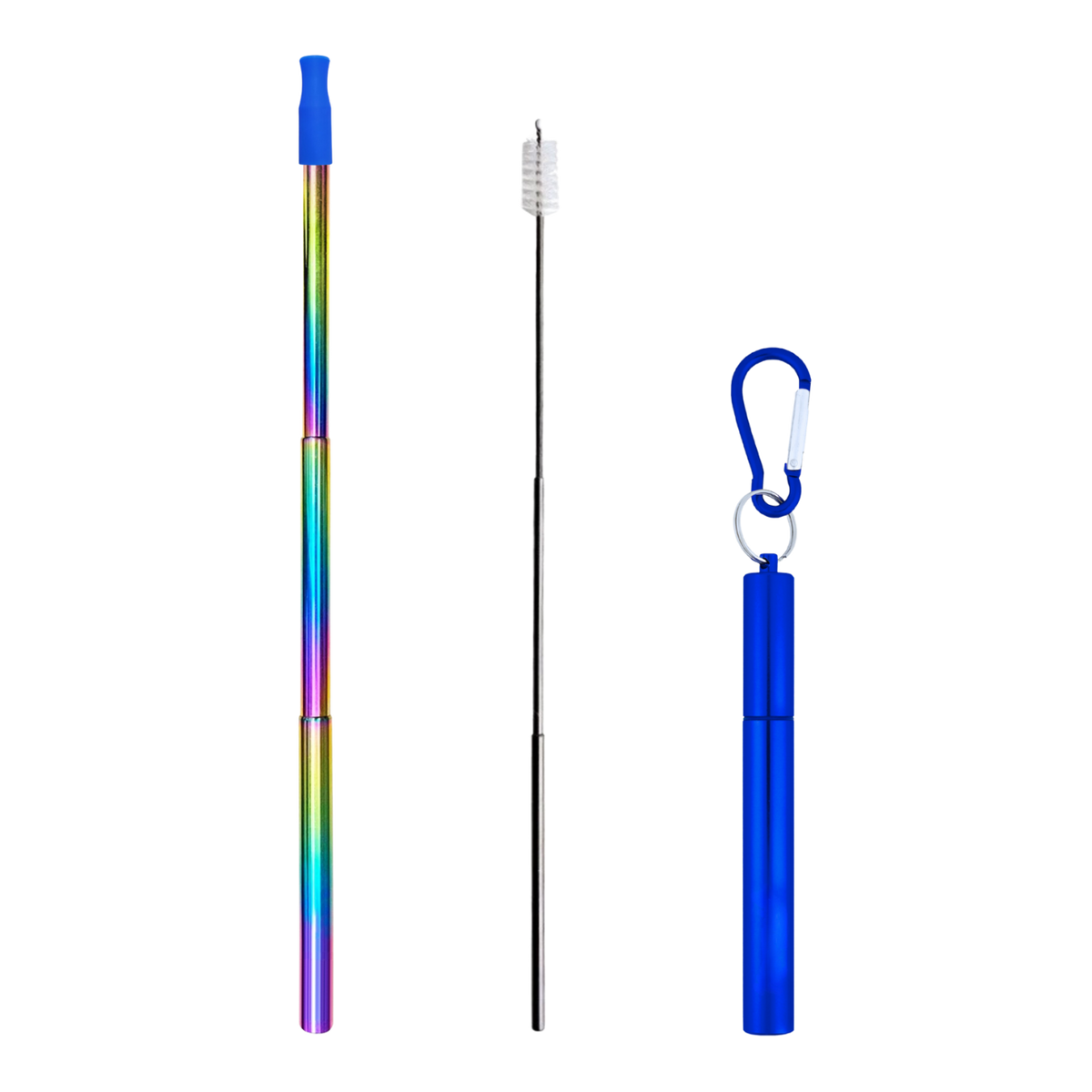 Multicolored telescopic pole with a black brush and blue holder on a white background