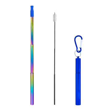 Multicolored telescopic pole with a black brush and blue holder on a white background