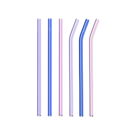 Set of six colorful glass straws on a white background