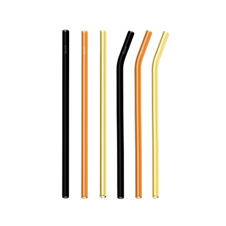Set of six metallic straws in black, gold, and bronze on a white background
