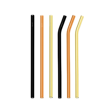 Set of six metallic straws in black, gold, and bronze on a white background