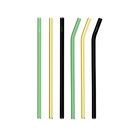 Set of five metal straws in green, gold, and black on a white background