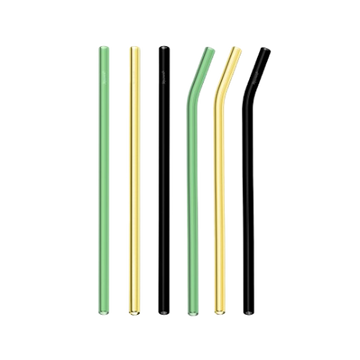 Set of five metal straws in green, gold, and black on a white background