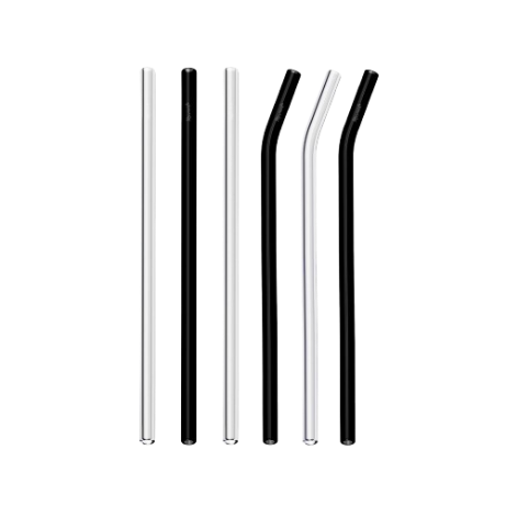 Set of black and clear glass straws on a white background