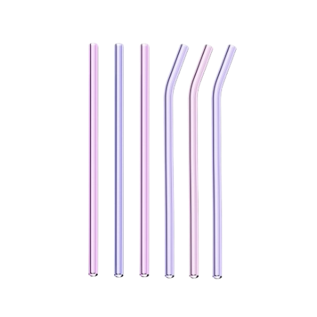 Set of six pastel-colored glass straws on a white background