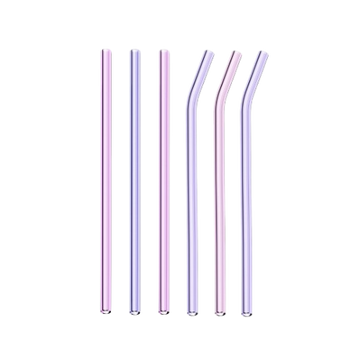 Set of six pastel-colored glass straws on a white background