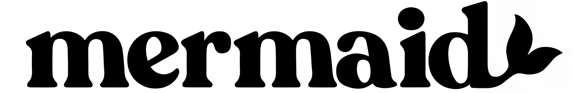 Black 'mermaid' text with a leaf-like design on a white background